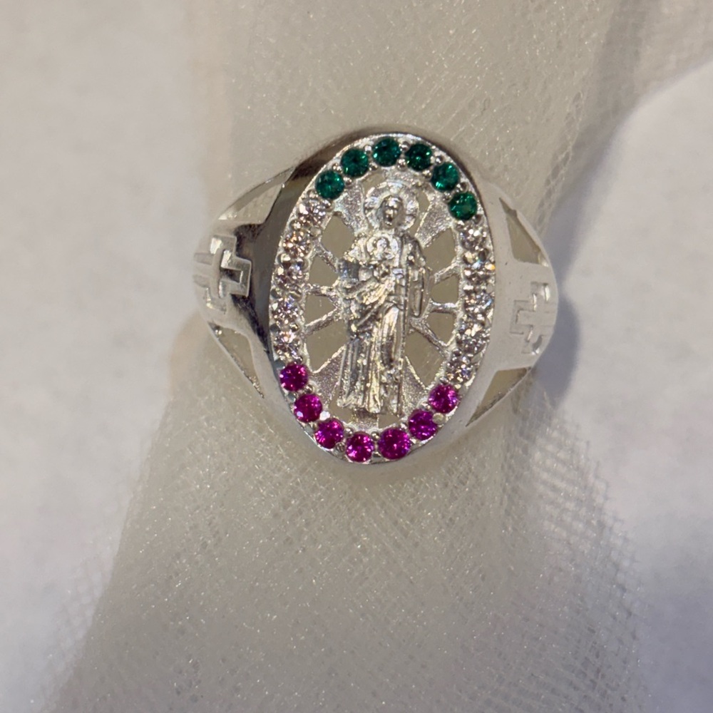 Sterling Silver Religious Oval Ring with Green and Pink Accents